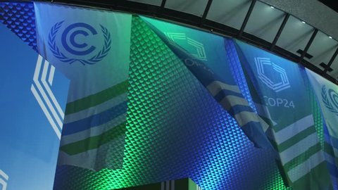 KATOWICE, POLAND, December 10, 2018, Conference of the Parties COP 24, The Katowice Climate Change Conference icon , night shot