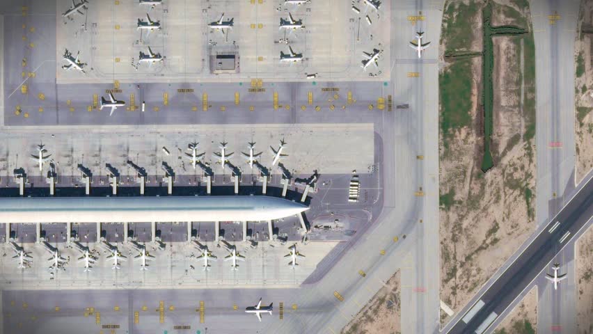 Barcelona Airport top view with the aircraft, the terminal building and runway Royalty-Free Stock Footage #1023402088
