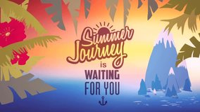 Summer vacation tour label on tropical background video looped animation for tourism agency