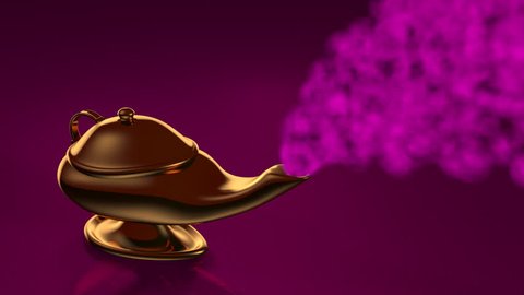 Gold Magic Lamp sitting on Magenta Background with Pink Smoke Coming Out - 3d Animation concept for wish or opportunity.