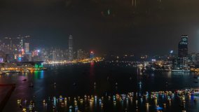 Aerial timelapse of the famous new year fireworks of Victoria Harbor, Hong Kong