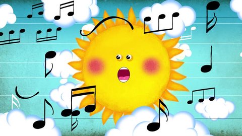 Music notes and happy cartoon singing sun. Seamless loop, singing mouth, flying stave and notes. Good as background for music material, videoclip, karaoke, etc...: stockvideo