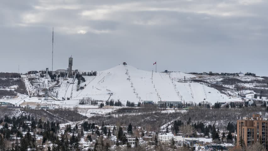 People skiing at Winsport ski area in Calgary Alberta.  Originally, the facility was known as Canada Olympic Park.