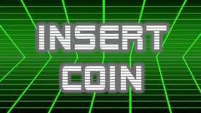 Animation of INSERT COIN title appearing on a retro 80s 90s style graphics background.Gaming motion graphic - Powered by Shutterstock - Get 15% off with code: PIKWIZARD15