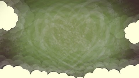 Valentine's Day grungy dark brown-green vintage waving digital motion greeting party banner of patchy olive color animated heart with light white text on crafted clouds & striped shiny backdrop