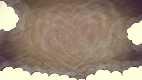 Valentine's Day grungy dark purple-brownish vintage waving digital motion greeting party banner of patchy brown color animated heart with tan-white text on crafted clouds & striped shiny backdrop
