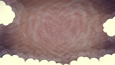 Valentine's Day grungy dark purple-brown vintage waving digital motion greeting party banner of brownish patchy animated heart with tan-white text on crafted clouds & striped shiny backdrop
