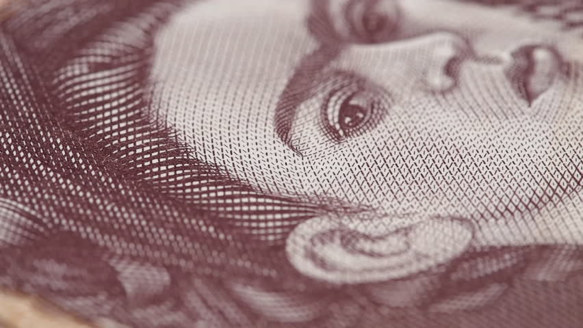 Frida Kahlo on Mexico 500 peso bill macro slow rotating. Low angle. Stock video footage.