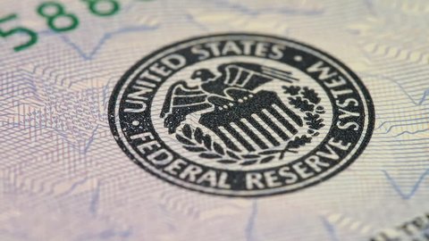 Federal Reserve System Seal on US 50 dollar bill macro slow rotating. Low angle. Stock video footage