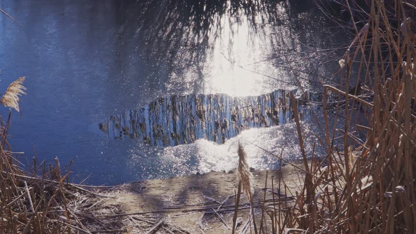 Melting ice on the river in sunlight and glare