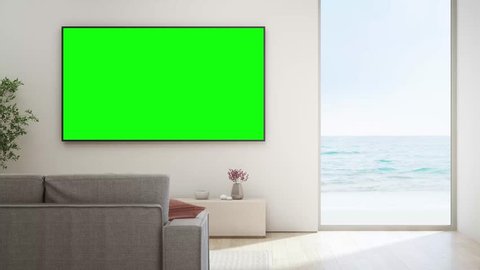 Sea view living room of luxury beach house with glass window and wooden floor. TV on white wall against sofa in vacation home or holiday villa. Hotel interior 3d illustration.