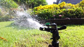 Springer water system used for watering plant and flower in the garden, 4k ultra HD slow motion.