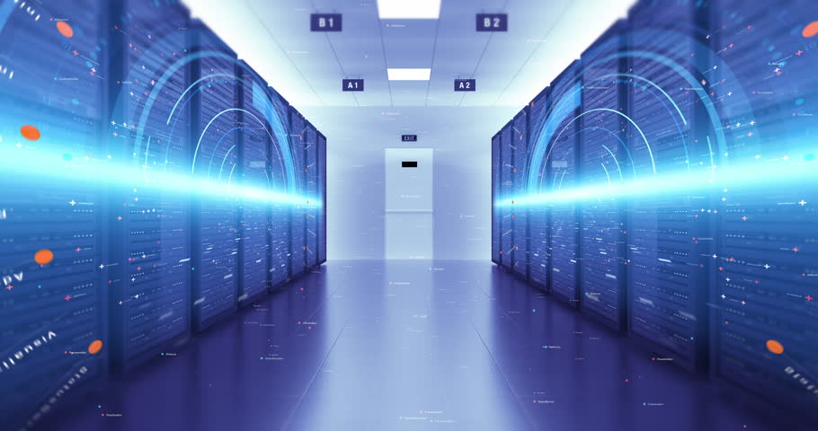 Modern Server Room Environment. Computer Racks All Around With Motion Graphics. Technology Related 4K Cg Animation. Seamless Loop. | Shutterstock HD Video #1023455128