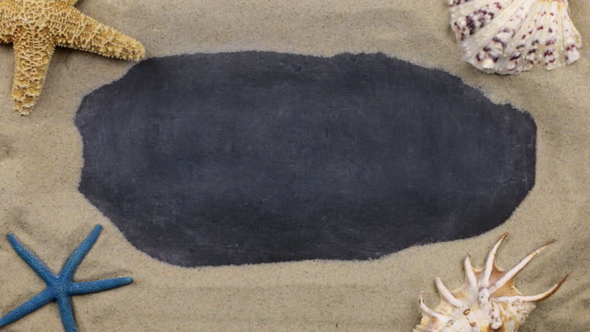 Word WELCOME, written on a chalkboard among seashells and starfishes lying on the sand. Handwritten words.