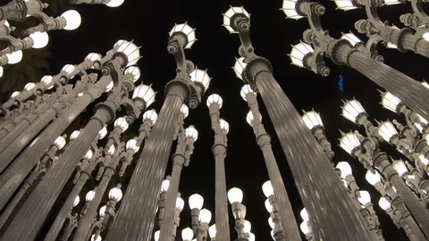Los Angeles, California, United States - August 9, 2018: bottom view of Urban Light by night, a sculpture by Chris Burden at Los Angeles Contemporary Art Museum LACMA, composed of 202 street lamps.