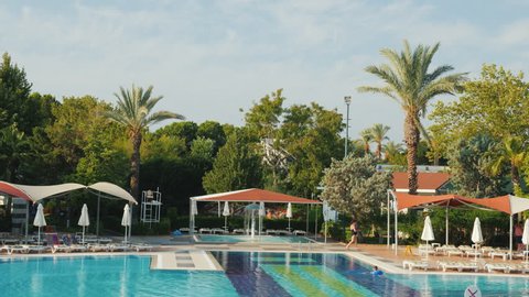 Kemer, Turkey, June 2018: Territory of the hotel with a swimming pool and leisure facilities