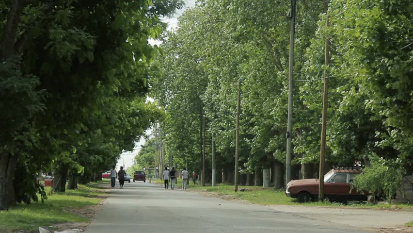 Tree Lined Country Road with People Walking and Old Car in Argentina