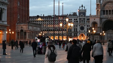 January 31, 2019 - Venice, Tourists in Piazza San Marco at sunset