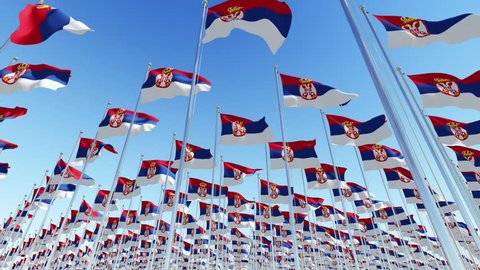 Many National Flags of Serbia against clear blue sky. 3D rendering animation.
