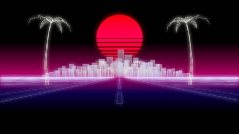 neon city silhouette day road palms and sun 80s Retro Futurism wireframe Background 3d illustration render seamless loop low angle
