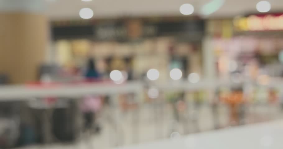 Defocused background of big mall food court hall showing eating and walking people, business commercial area concept.