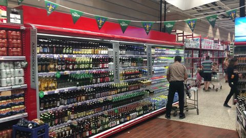 SWEDEN, EUROPE-CIRCA JUL, 2018: Wide range of beers and low-alcoholic beverages is in Ica MAXI shop. ICA Gruppen AB is a Swedish retailer with supermarkets, superstores, hypermarkets in Sweden, Norway