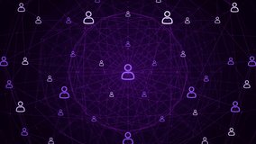 Looping animation.People connected with plexus lines.Connection network intro rotating animation.Global networking technology.Network marketing.Loop 3D animation with techno HUD BG.Purple.