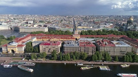 Flight over the Neva River near Admiralty, Saint Isaac's Cathedral, the city center of St. Petersburg, Russia, 4k