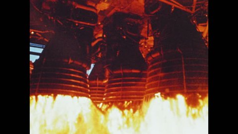 1960s: UNITED STATES: close up of flames in test. Test site preparation of spacecraft