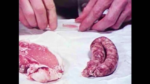 CIRCA 1940s - A man observes uncooked pork under a microscope to check for Trichinosis parasites in the 1940s