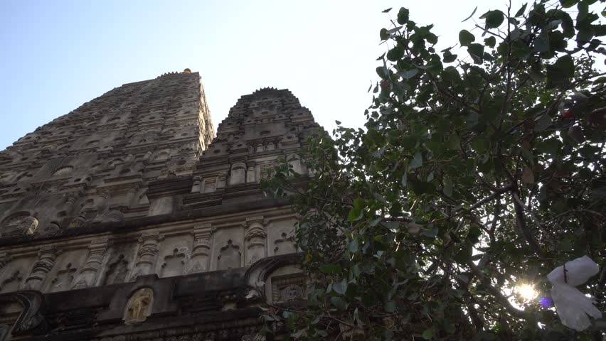 The view of the stupa at Mahabodhi Temple Complex in Bodh Gaya, India. The Mahabodhi Vihar is a UNESCO World Heritage Site. 