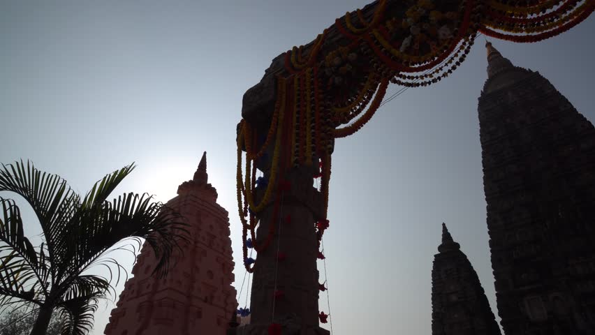The view of the stupa at Mahabodhi Temple Complex in Bodh Gaya, India. The Mahabodhi Vihar is a UNESCO World Heritage Site. 