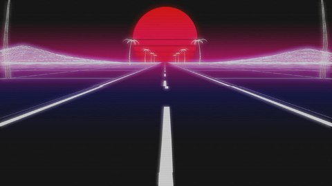 synthwave road palms and sun day 80s Retro Futurism wireframe Background 3d illustration render seamless loop low angle with glitch retro old VHS effect