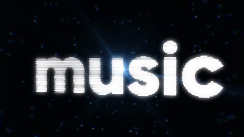 Abstract neon word music twisting and turning intermittently on black background with blue particles and flashing light. White neon sign music with small, blue dots and shining spotlight.