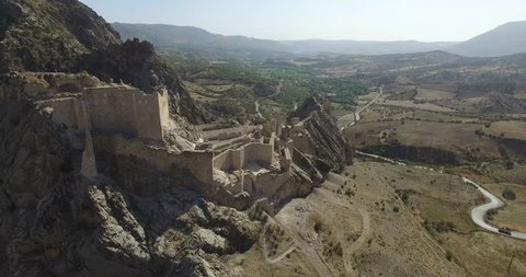 Historical artifact Yeni castle (Yeni Kale). The castle was built during the Commagene kingdom however the present look of castle dates back to Mamluks. Aerial Drone view. Adiyaman - Kahta / TURKEY


