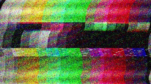 A flickering, analog TV signal with bad interference, static, and color bars.