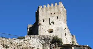 Beautiful Castle In The Old Village Of Roquebrune-Cap-Martin In Southeastern France Between Monaco And Menton, Blue Sky Background. French Riviera, France, Europe - DCi 4K Video