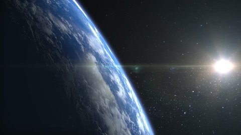 Earth from space. Stars twinkle. Flight over the Earth. 4K. Sunrise. The earth slowly rotates. Realistic atmosphere. 3D Volumetric clouds. The sun is in the frame. The camera turns to the right.