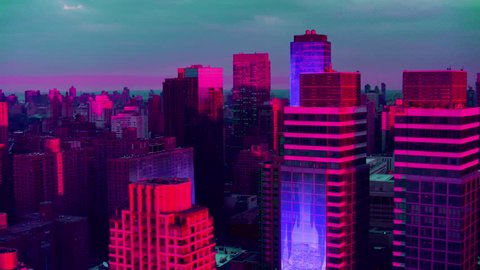 Aerial view of a Dystopian New York city in the future with projection mapping on buildings with cyberpunk, neon colors. Wide shot. Shot on 4k RED camera.