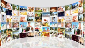 Montage 3D video wall fitness and healthy eating images of families Caucasian, Asian and African Americans exercising