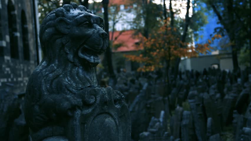 Stone Lion Statue at the Old Jewish Cemetery in Prague