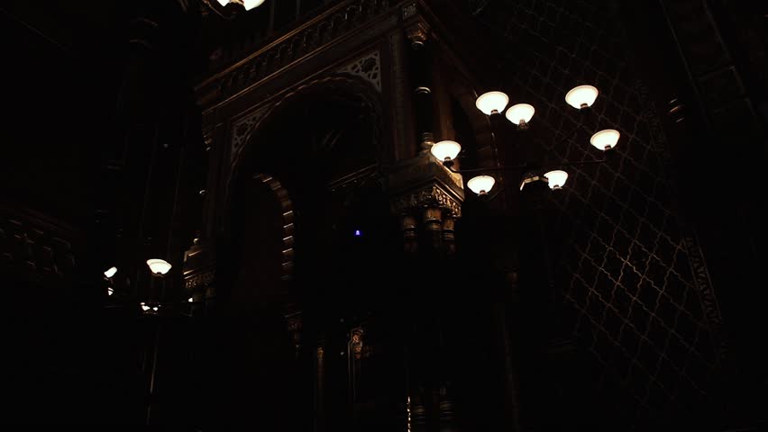Main Hall Inside the Spanish Synagogue built in Moorish Revival Style at Josefov (the Jewish quarter), Prague, Czech Republic. Low Angle View.