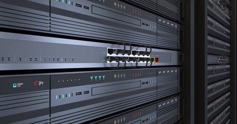 Close Up Server Racks In a Modern Data Center. Camera Slowly Moving Forward. Technology Related 4K 3D Animation. Seamless Loop.