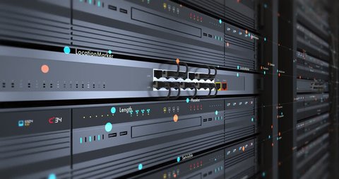Close Up Modern Server Room Environment. Computer Racks All Around With Flying Texts. Technology Related 4K Cg Animation. Seamless Loop.