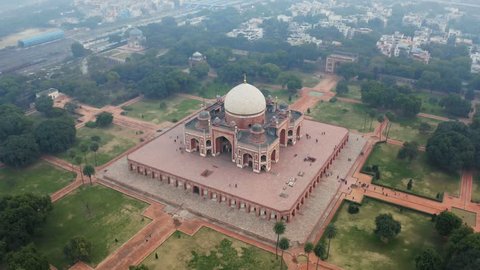 Aerial view of the Humayun's Tomb in Delhi, India. Humayun's tomb is the tomb of the Mughal Emperor Humayun