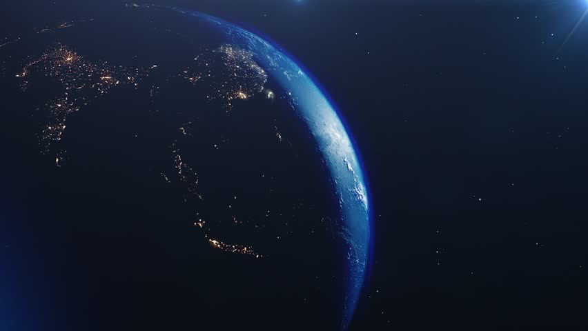Beautiful sunrise world skyline. Planet earth from space. Planet earth rotating animation. Clip contains space, planet, galaxy, stars, cosmos, sea, earth, sunset, globe. 4k 3D Render. Images from NASA Royalty-Free Stock Footage #1023566563