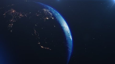Beautiful sunrise world skyline. Planet earth from space. Planet earth rotating animation. Clip contains space, planet, galaxy, stars, cosmos, sea, earth, sunset, globe. 4k 3D Render. Images from NASA