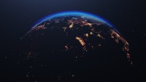 Beautiful sunrise world skyline. Planet earth from space. Planet Earth rotating animation. Clip contains space, planet, galaxy, stars, cosmos, sea, earth, sunset, globe. 4k 3D Render. Images from NASA