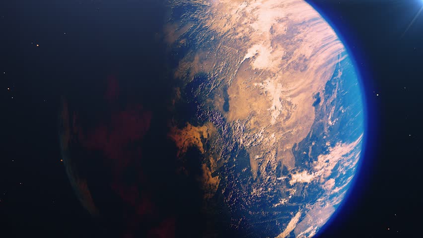 Beautiful sunrise world skyline. Planet earth from space. Planet earth rotating animation. Clip contains space, planet, galaxy, stars, cosmos, sea, earth, sunset, globe. 4k 3D Render. Images from NASA Royalty-Free Stock Footage #1023566668