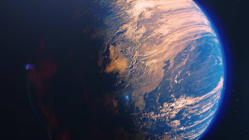 Beautiful sunrise world skyline. Planet earth from space. Planet earth rotating animation. Clip contains space, planet, galaxy, stars, cosmos, sea, earth, sunset, globe. 4k 3D Render. Images from NASA | Shutterstock HD Video #1023566668